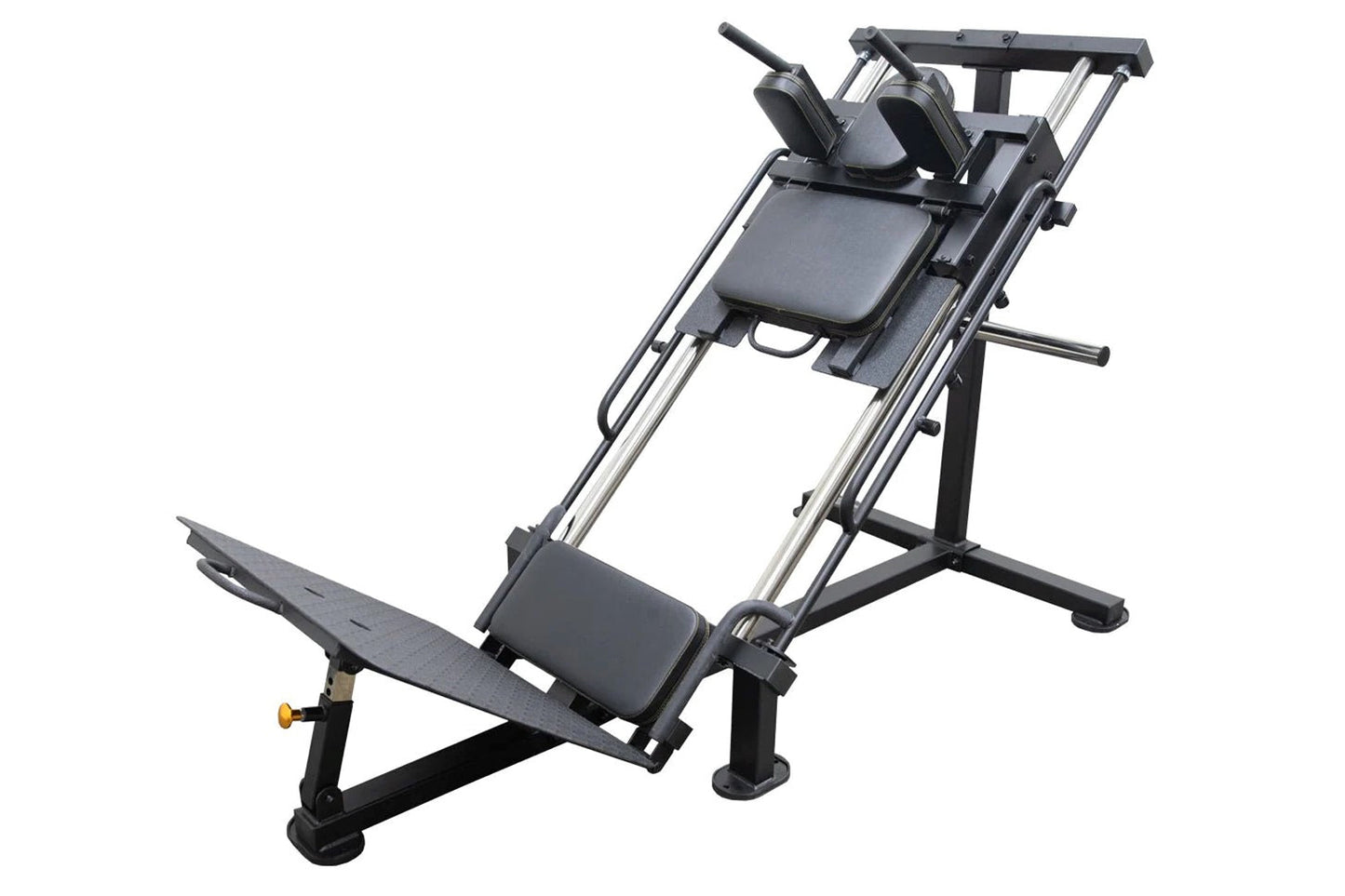Black and silver leg press hack squat combo machine with padded seat and footplate on white background