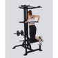 Black multi-station gym equipment with chin-dip assist, cable machine, and leg press, shown with model demonstrating use