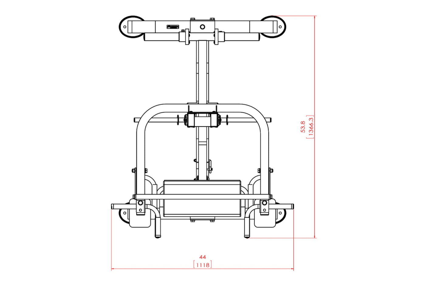 Technical line drawing of Powertec LeverGym Chin/Dip Assist machine with dimensions, showing overhead handles, vertical suppo