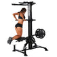 Woman performing chin-up exercise on black Powertec WorkBench LeverGym with weight plates, shown on white background