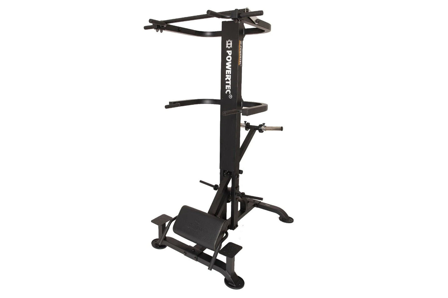 Black Powertec LeverGym chin dip assist machine with vertical post, dual handles, and padded seat on white background