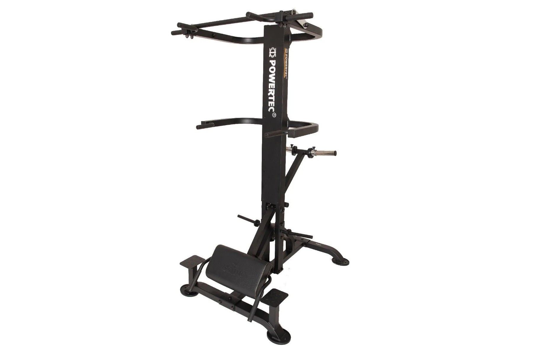 Black Powertec LeverGym chin dip assist machine with vertical post, dual handles, and padded seat on white background