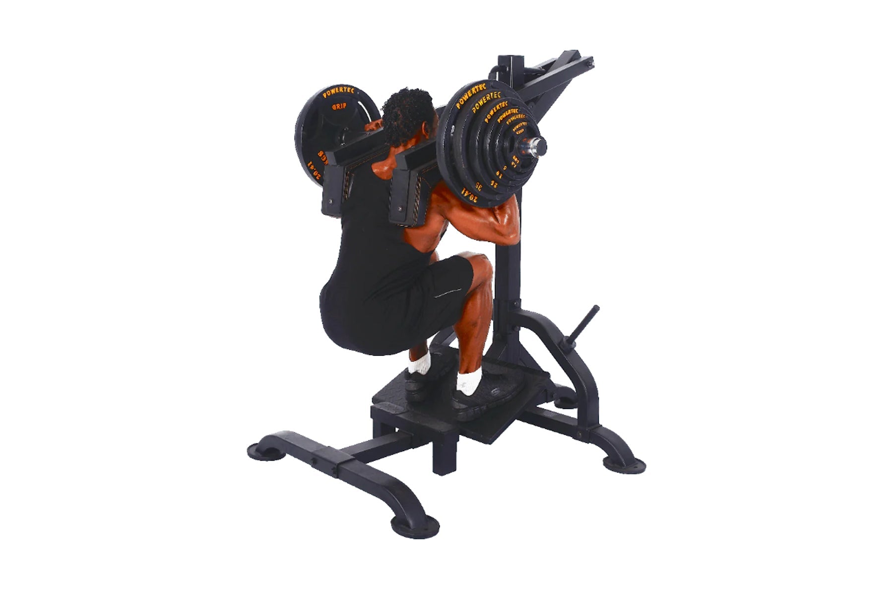 Powertec black and orange lever gym squat machine with adjustable weight plates, demonstrated by model in squat position on w