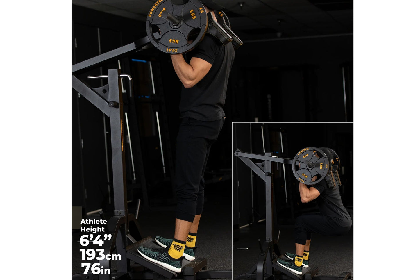Person in black shirt and shorts performing seated calf raise on black Powertec leverage gym machine with orange-labeled weig