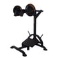 Black Powertec dumbbell stand with adjustable weight plates and orange text, on stable base with white background