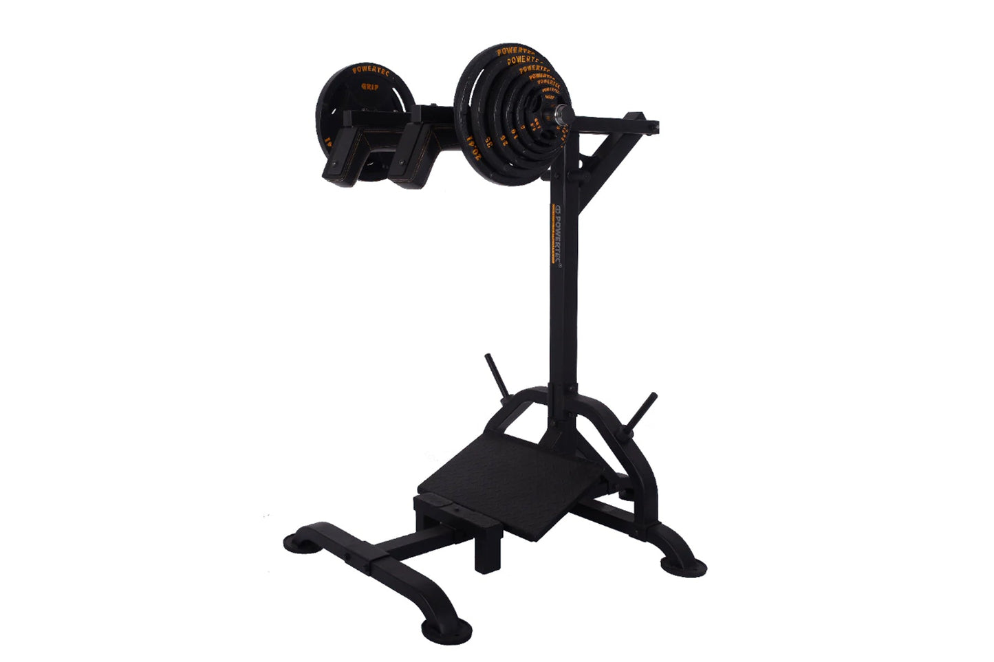 Black Powertec dumbbell stand with adjustable weight plates and orange text, on stable base with white background