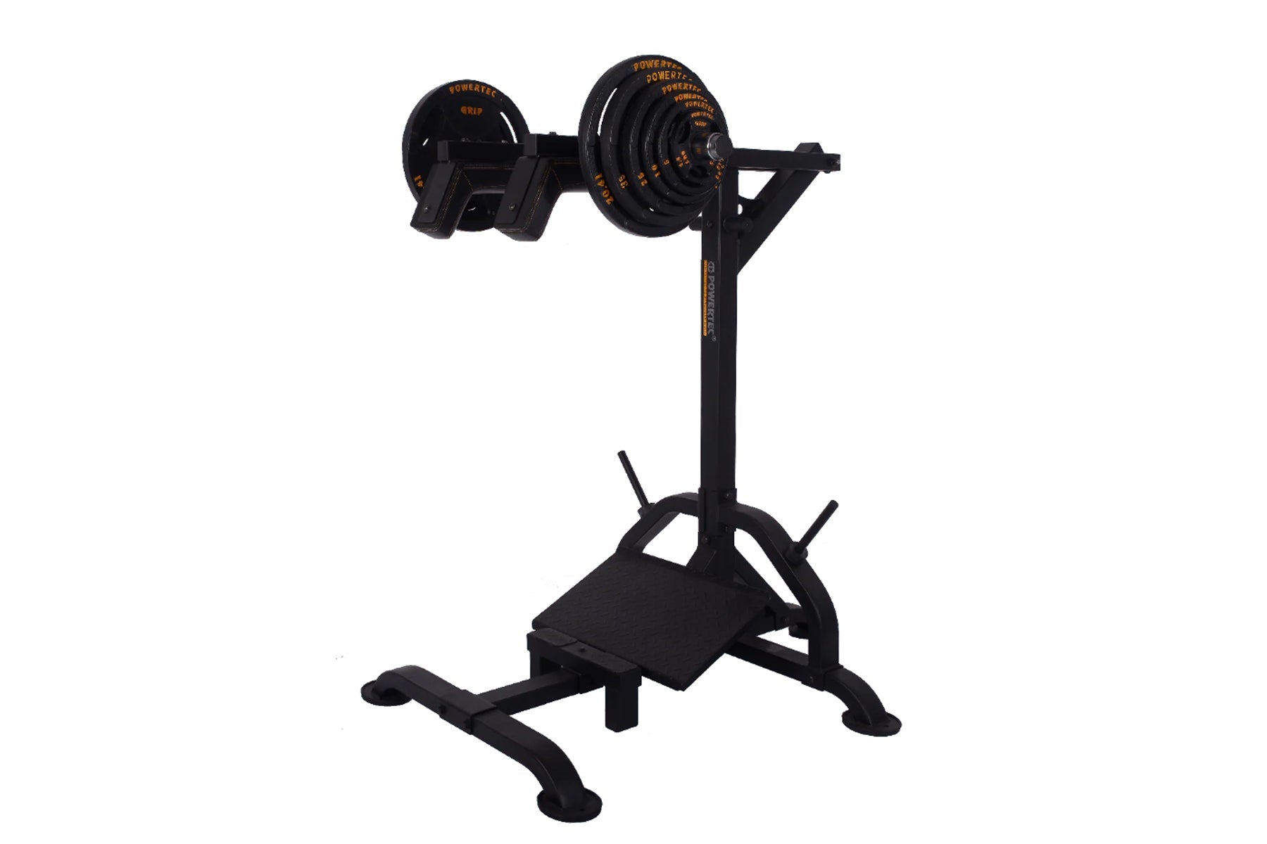 Black Powertec dumbbell stand with adjustable weight plates and orange text, on stable base with white background