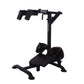 Black lever-based squat and calf assist machine with padded seat, dual weight horns with orange accents, and dual handles on 