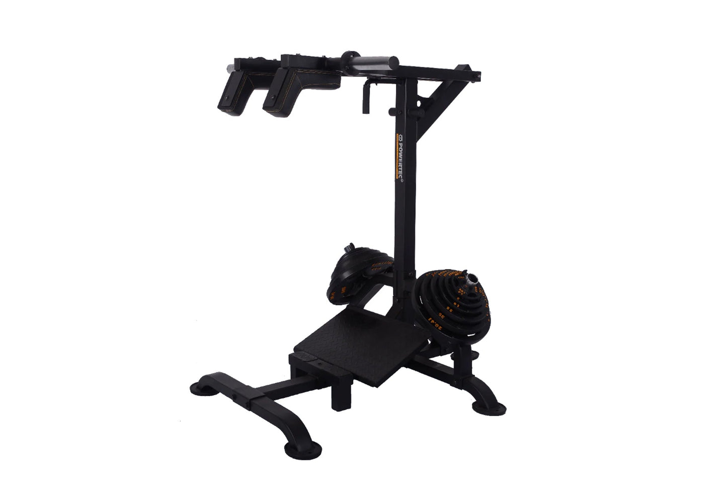 Black lever-based squat and calf assist machine with padded seat, dual weight horns with orange accents, and dual handles on 