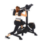 Woman using black Powertec LeverGym squat and calf assist machine with shoulder pads and weight plates, worn by model on whit