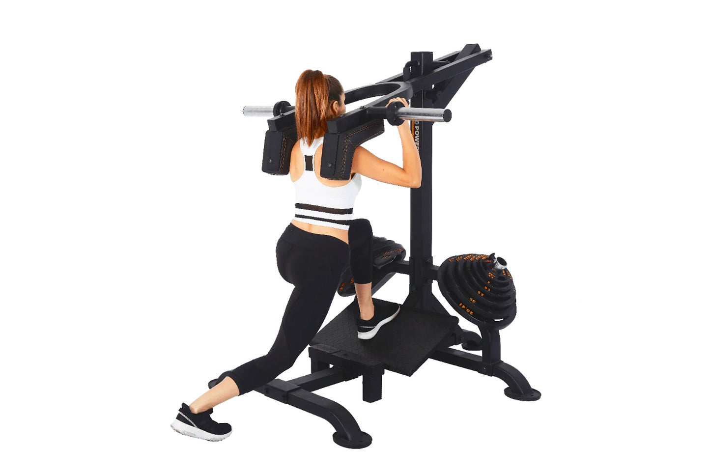 Woman using black Powertec LeverGym squat and calf assist machine with shoulder pads and weight plates, worn by model on whit