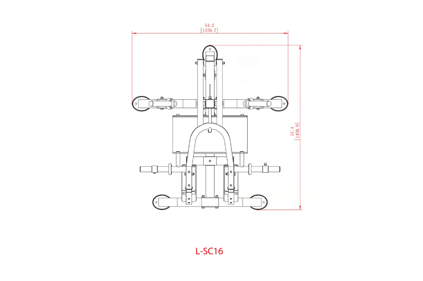 Technical schematic drawing of Powertec L-SC16 leverage gym squat and calf assist machine showing top-down view with dimensio