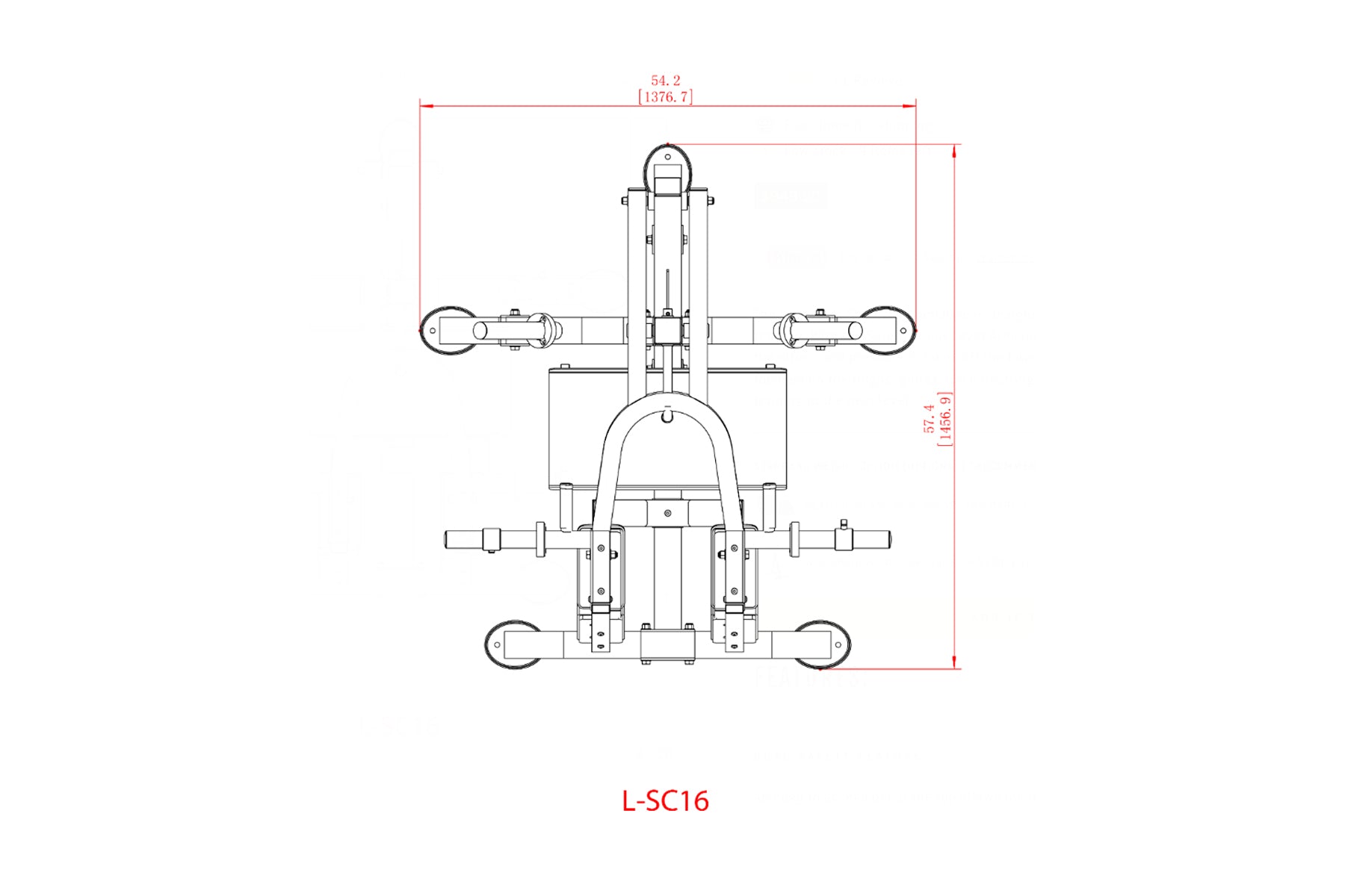 Technical schematic drawing of Powertec L-SC16 leverage gym squat and calf assist machine showing top-down view with dimensio