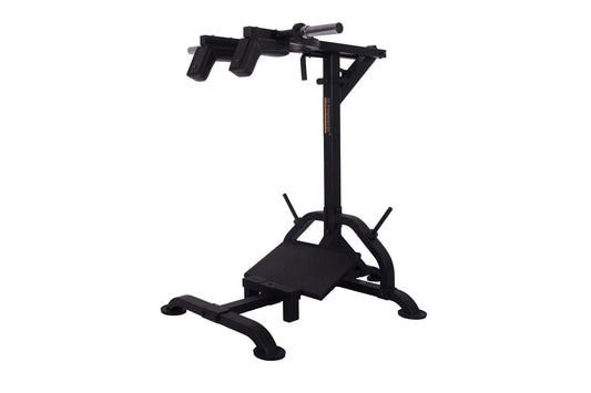 Black Powertec LeverGym squat and calf assist machine with vertical post, foot platform, and lever arm handles on white backg