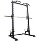 Black and silver smith machine with linear bearing system, weight plate pegs on vertical uprights, and curved safety handles 