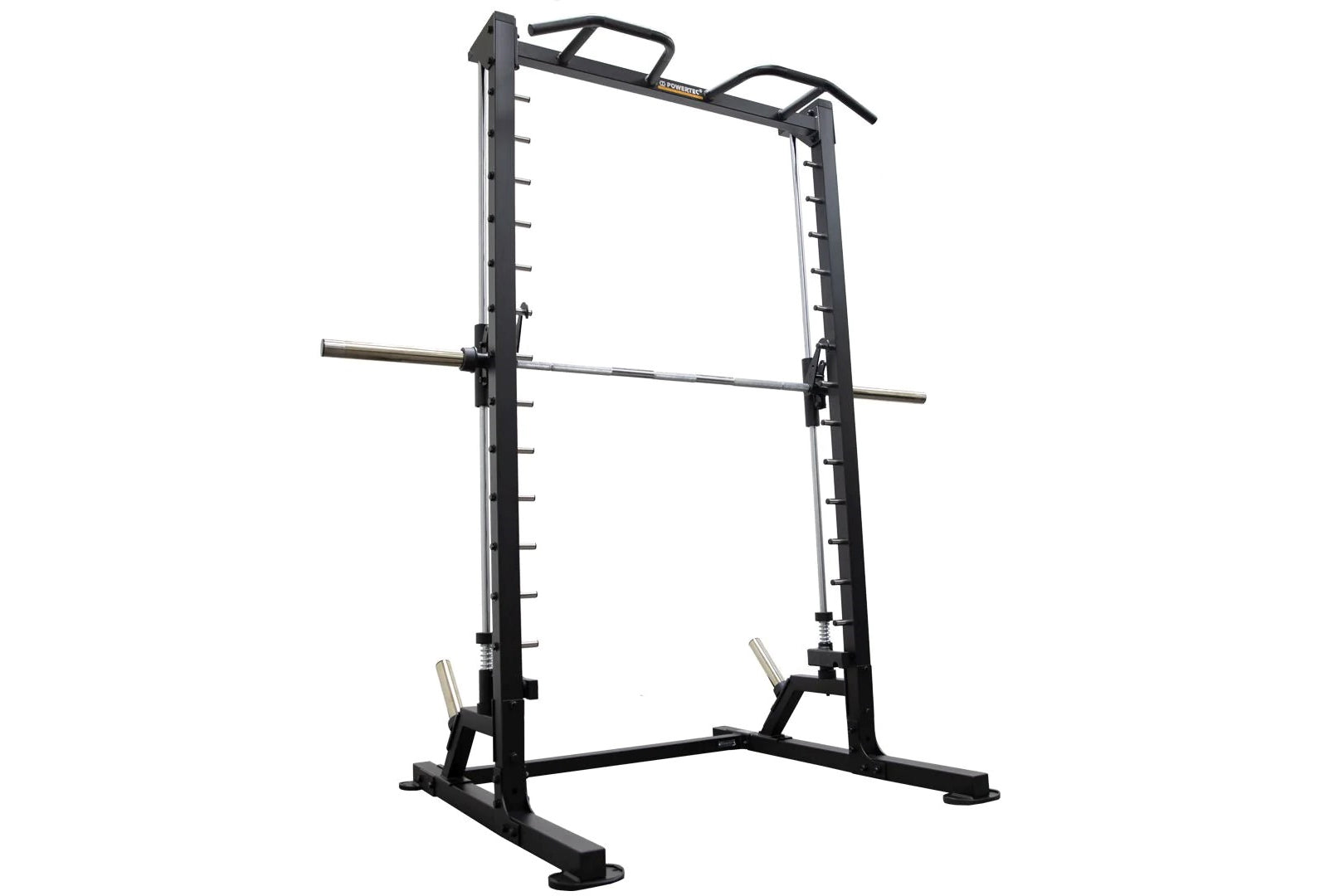 Black and silver smith machine with linear bearing system, weight plate pegs on vertical uprights, and curved safety handles 