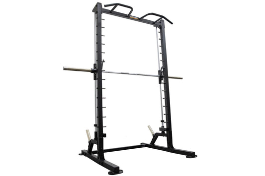 Black and silver smith machine with linear bearing system, weight plate pegs on vertical uprights, and curved safety handles 