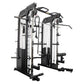 Black and white commercial Smith multi-gym with cable stations, pull-up bar, and weight stack on white background