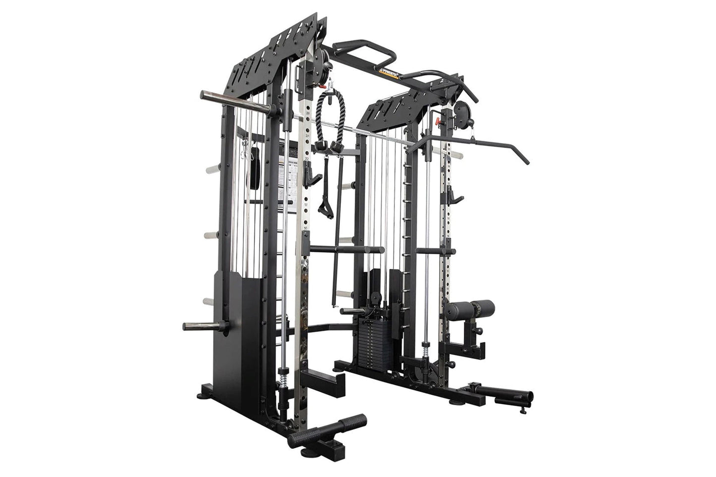 Black and white commercial Smith multi-gym with cable stations, pull-up bar, and weight stack on white background
