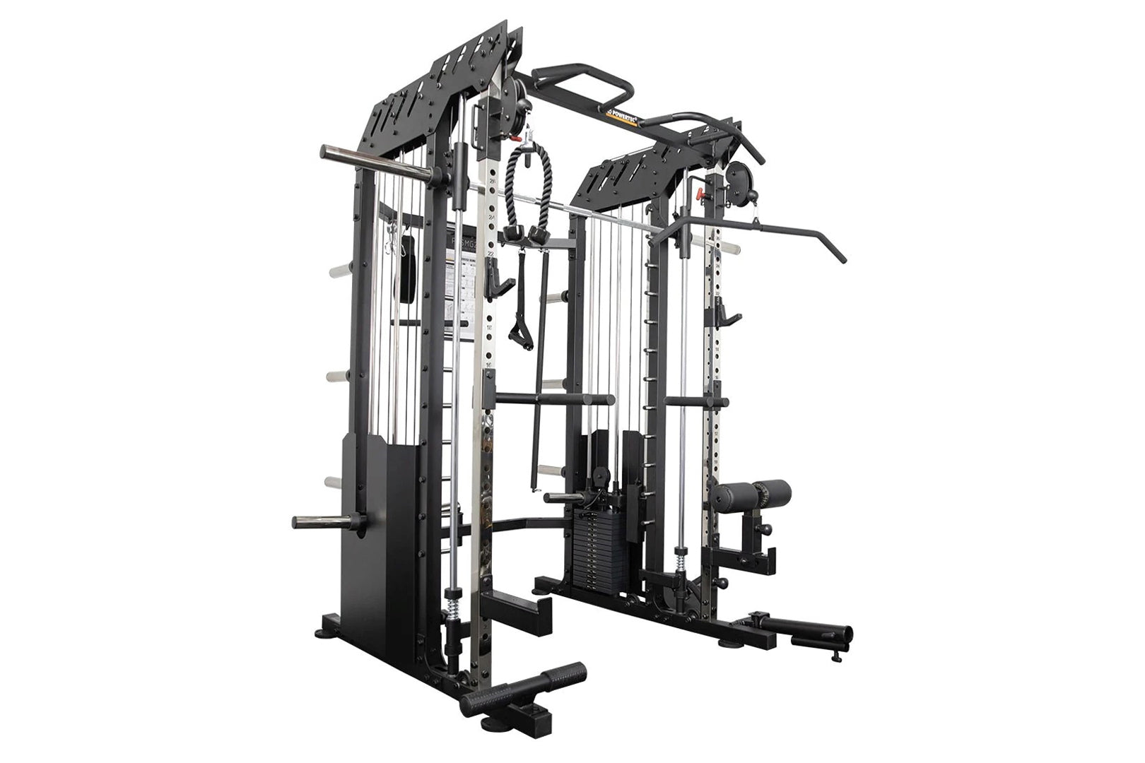 Black and white commercial Smith multi-gym with cable stations, pull-up bar, and weight stack on white background