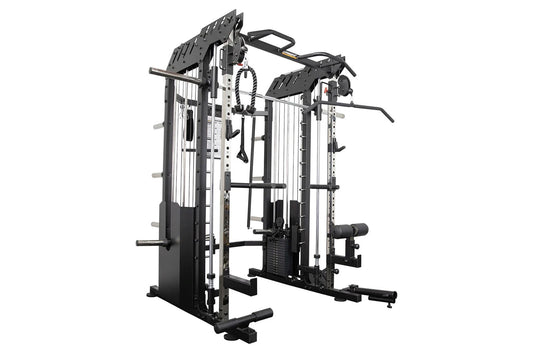 Black and white commercial Smith multi-gym with cable stations, pull-up bar, and weight stack on white background