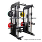 Black and silver multi-station Smith machine gym with cable systems, weight plate storage, and red barbell plates on white ba