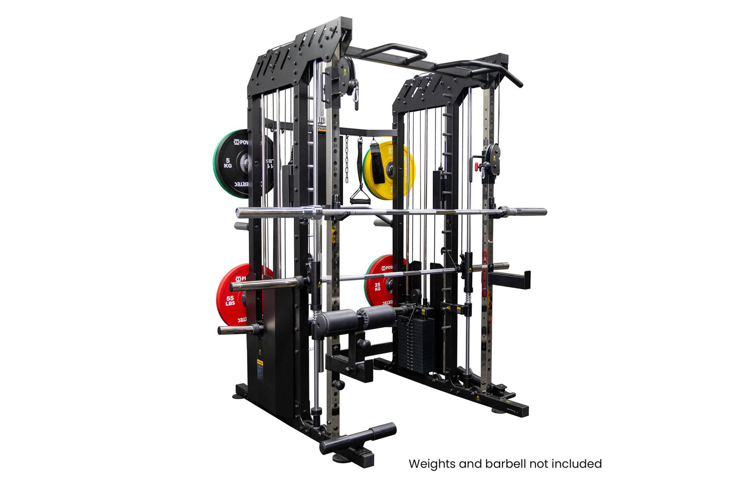 Black and silver multi-station Smith machine gym with cable systems, weight plate storage, and red barbell plates on white ba