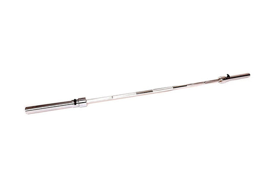 Olympic barbell with chrome and black finish, 45lb weight capacity, includes collars on white background