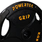 Black cast iron Olympic weight plate with yellow "Powertec Grip" text and handles, flat lay on white background