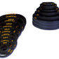 Black rubber Olympic weight plates with yellow "Powertec Grip" text and blue trim, stacked in decreasing sizes on white backg