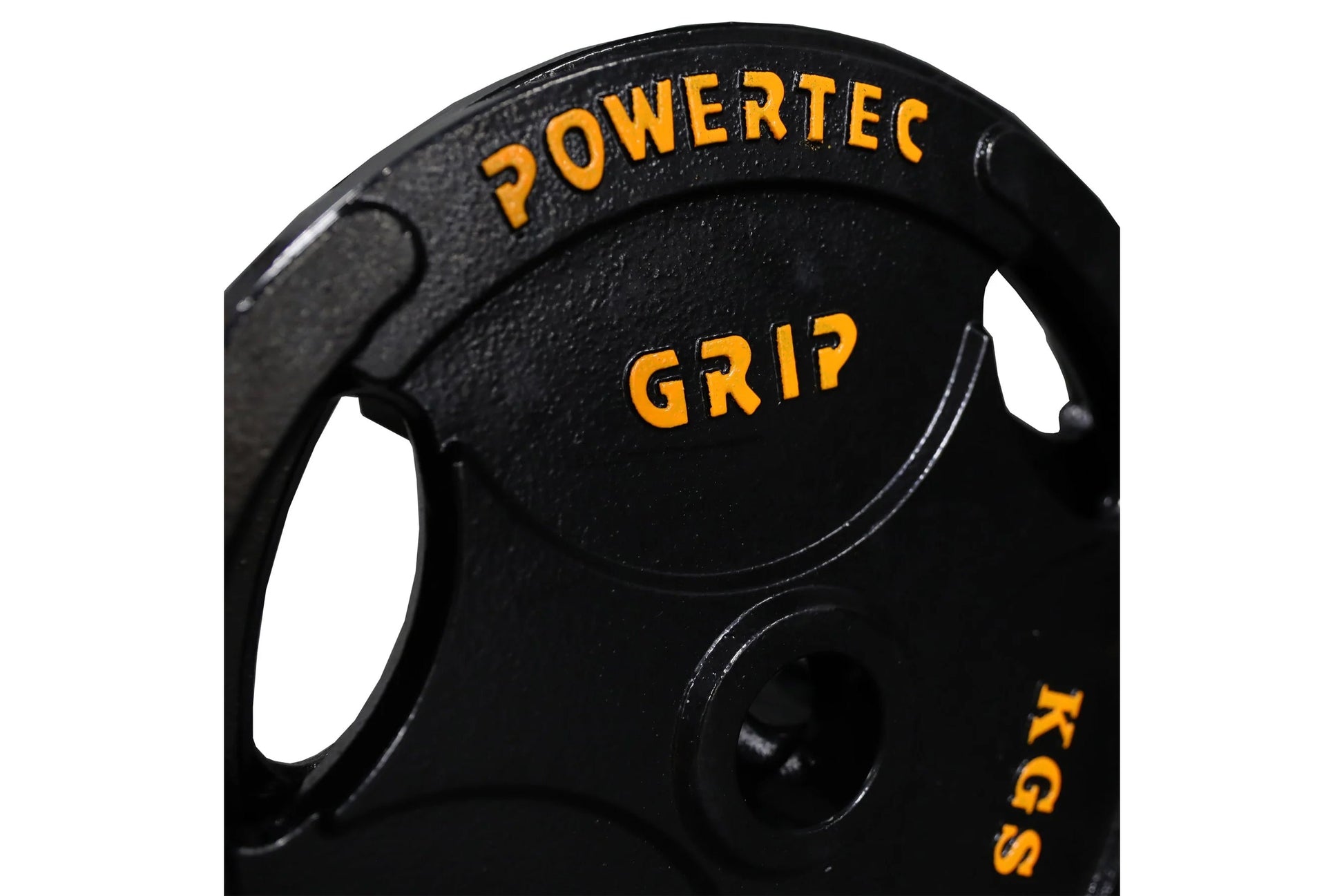 Black cast iron Olympic weight plate with yellow "Powertec Grip" text and handles, flat lay on white background