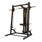 Powertec black and gold roller smith machine with barbell bars and weight pegs on white background