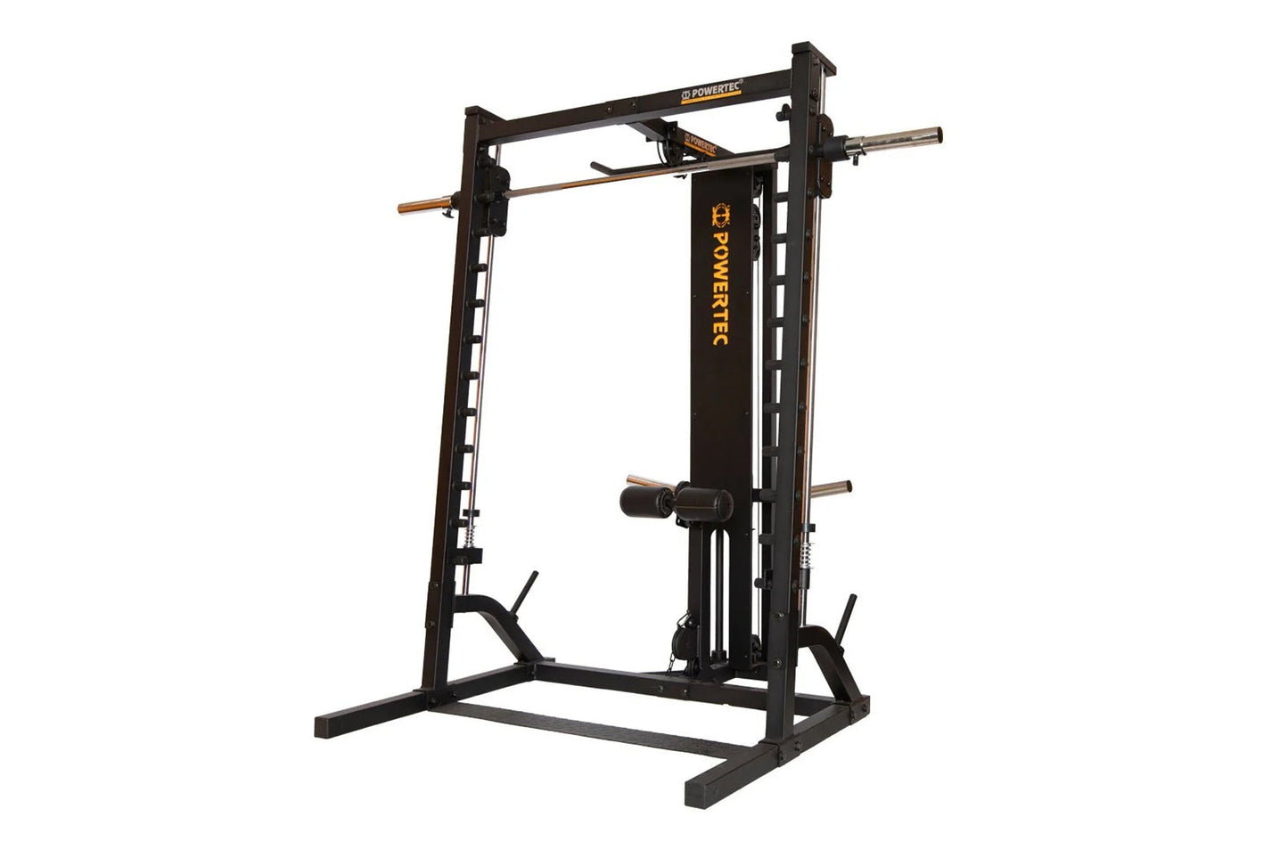 Powertec black and gold roller smith machine with barbell bars and weight pegs on white background