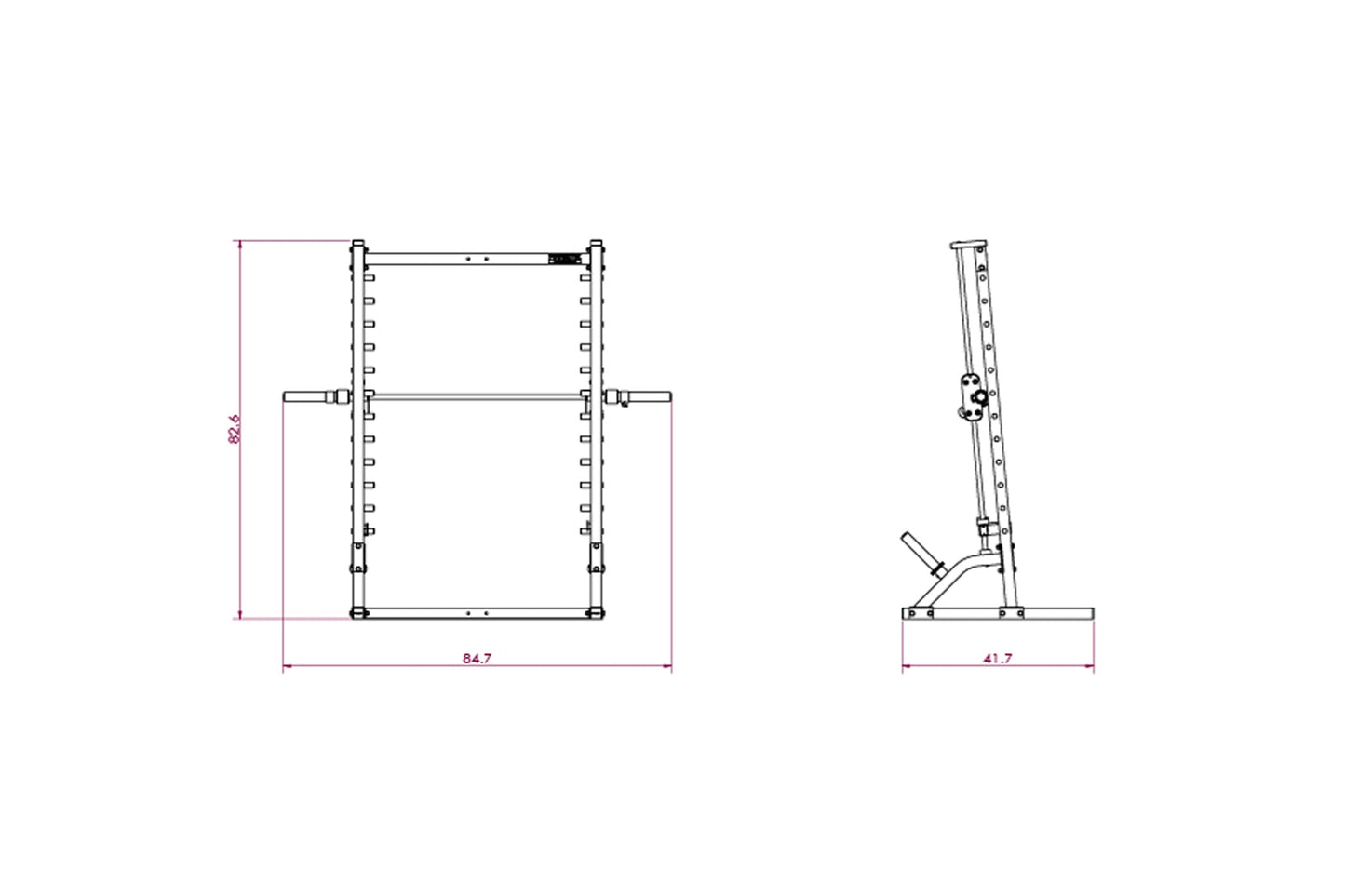 Technical schematic drawing of Powertec Roller Smith Machine showing front and side views with dimensions labeled in inches
