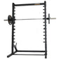 Powertec black steel roller Smith machine with barbell and weight plates, front view on white background