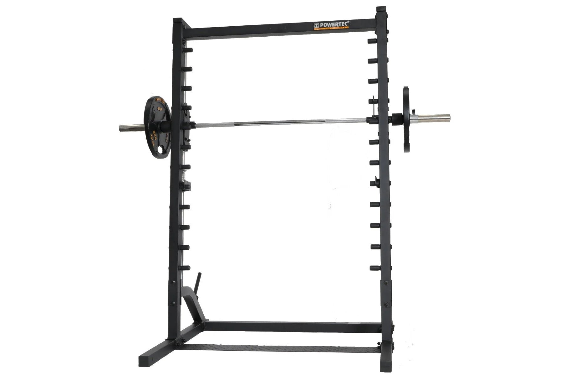 Powertec black steel roller Smith machine with barbell and weight plates, front view on white background