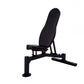 Black padded weight bench with adjustable backrest and footplate, shown on white background