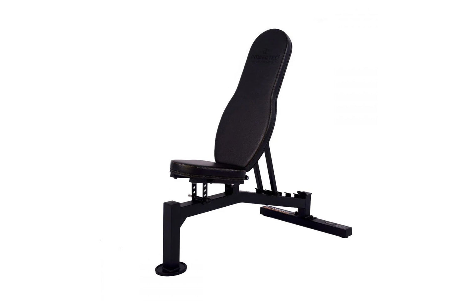 Black padded weight bench with adjustable backrest and footplate, shown on white background