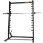 Powertec black steel roller Smith machine with multiple barbell plate pegs, chrome barbell, and adjustable safety arms on whi