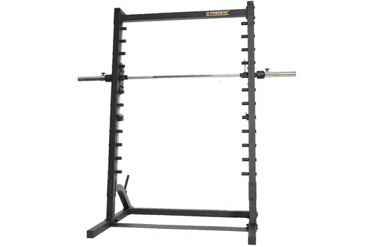 Powertec black steel roller Smith machine with multiple barbell plate pegs, chrome barbell, and adjustable safety arms on whi