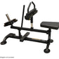Black Powertec seated calf raise machine with gray padded seat, foot platform, and dual handles on white background