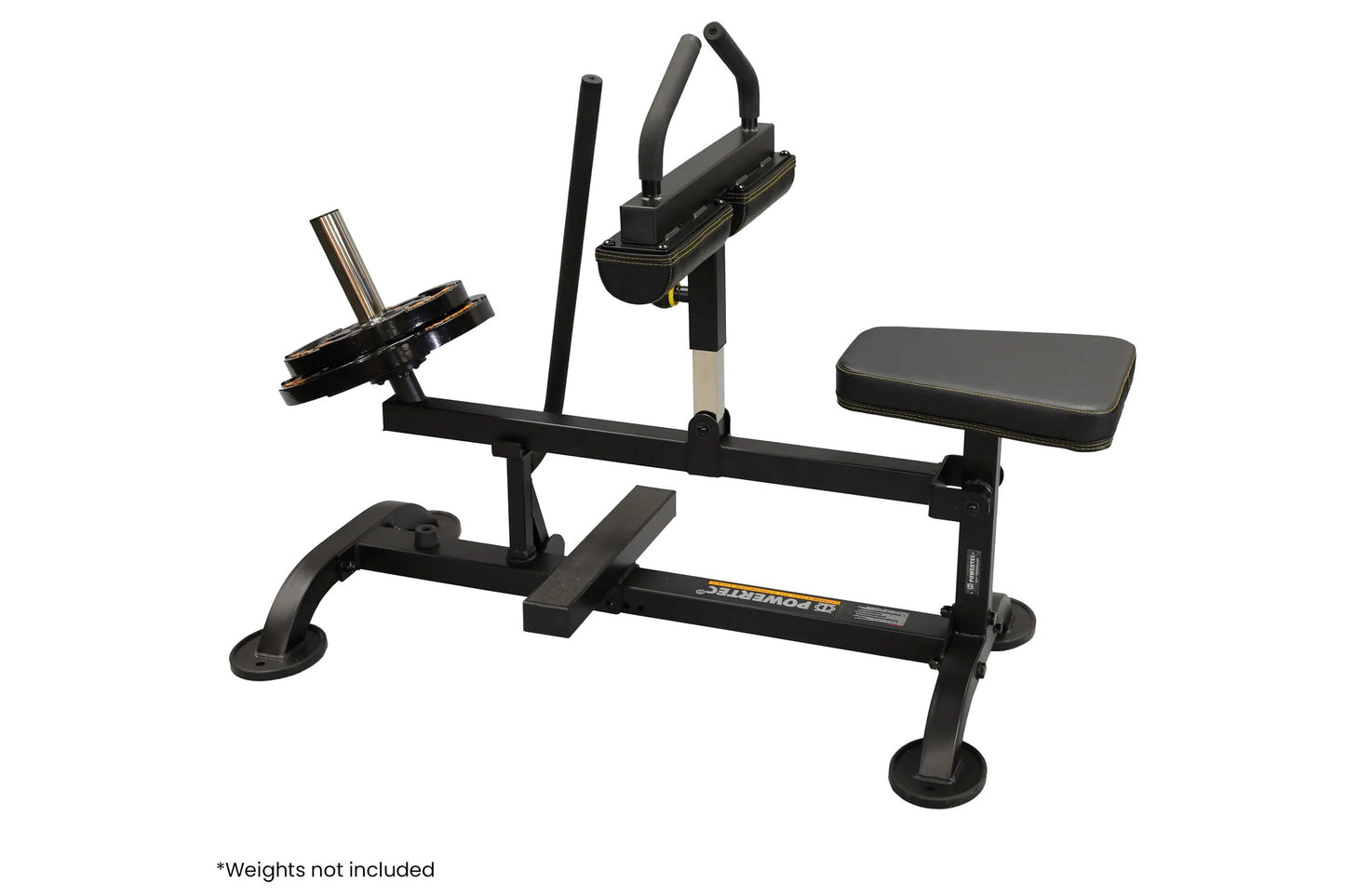 Black Powertec seated calf raise machine with gray padded seat, foot platform, and dual handles on white background