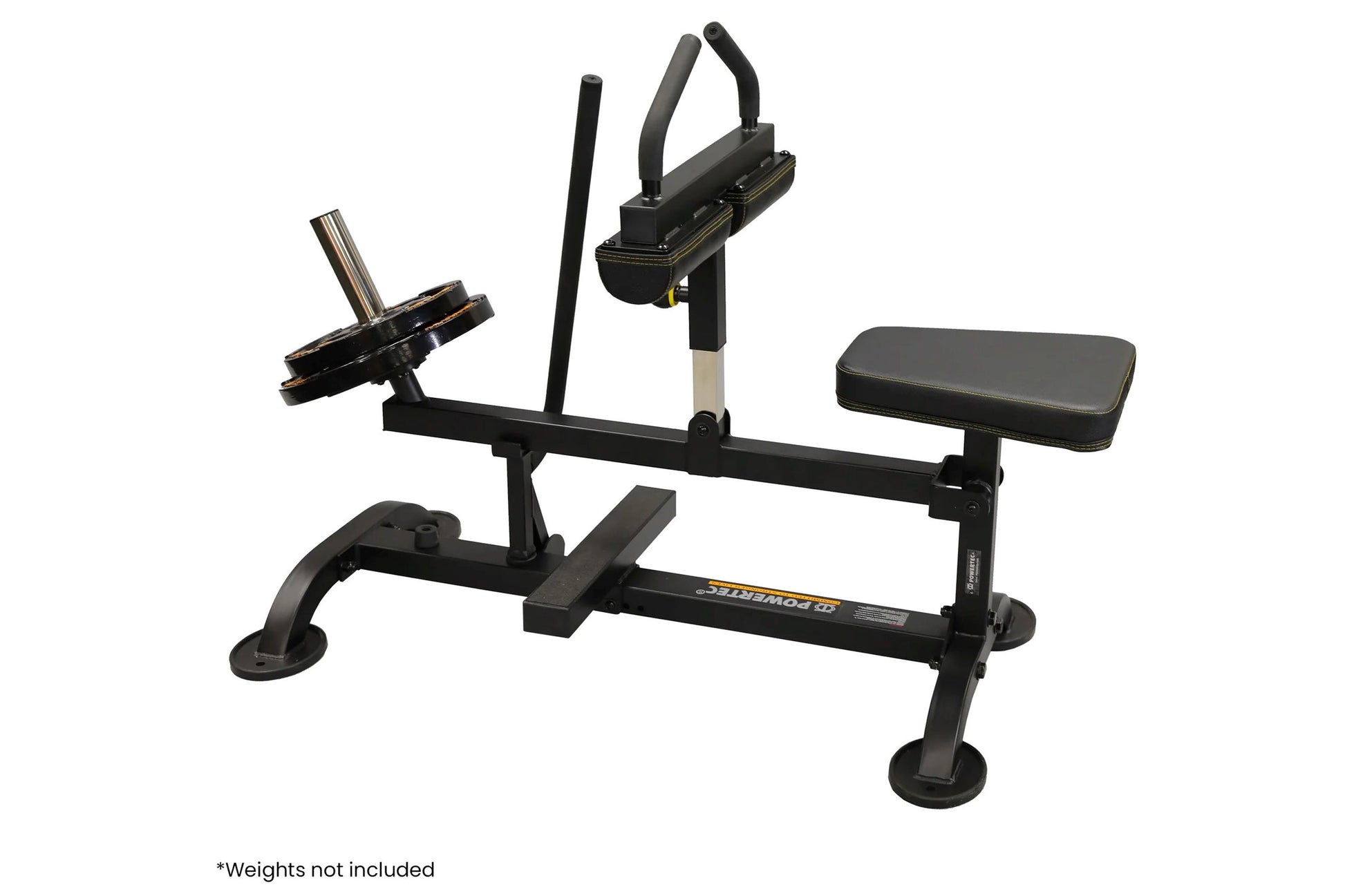 Black Powertec seated calf raise machine with gray padded seat, foot platform, and dual handles on white background