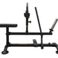 Black Powertec seated calf raise machine with padded seat, foot platform, and adjustable resistance arm on white background