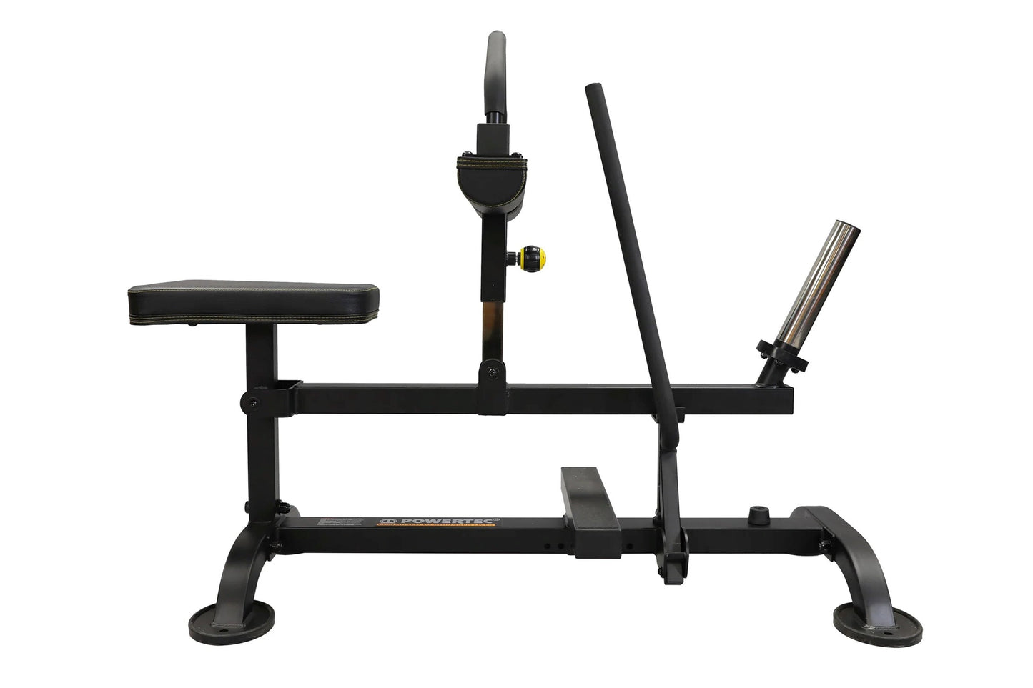 Black Powertec seated calf raise machine with padded seat, foot platform, and adjustable resistance arm on white background