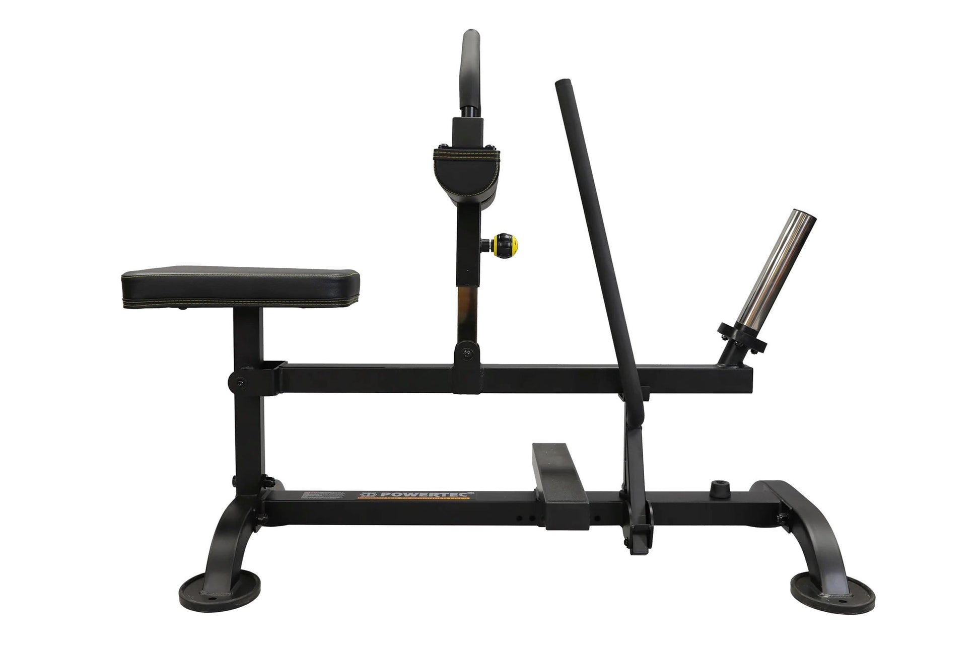 Black Powertec seated calf raise machine with padded seat, foot platform, and adjustable resistance arm on white background