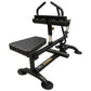 Black seated calf raise machine with padded seat, curved handles, and fixed foot platform on white background