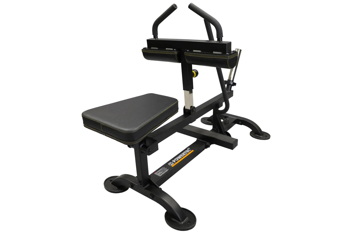 Black seated calf raise machine with padded seat, curved handles, and fixed foot platform on white background