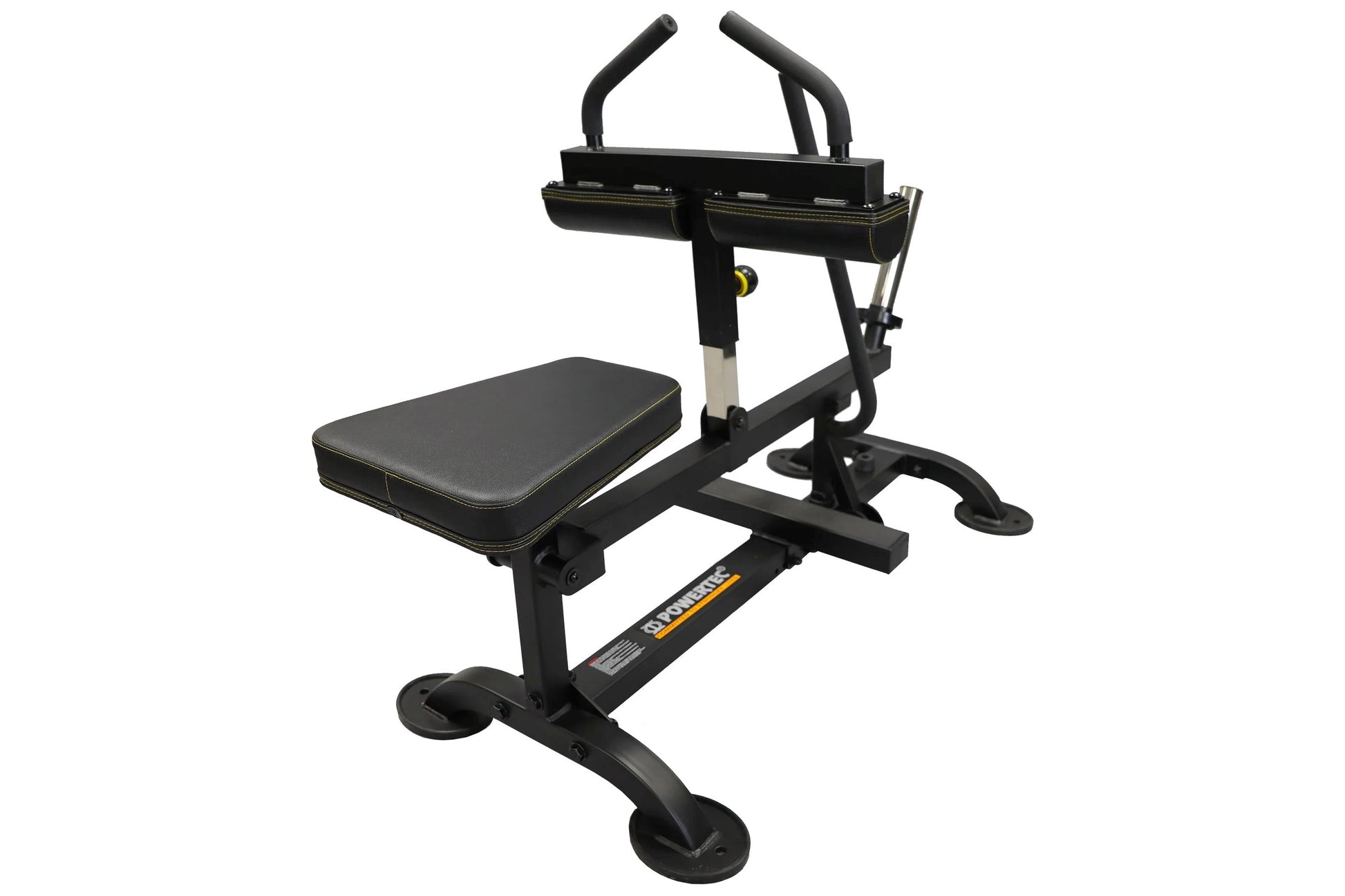 Black seated calf raise machine with padded seat, curved handles, and fixed foot platform on white background