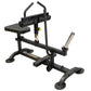 Black and yellow seated calf raise machine with padded seat, handle bars, and foot platform on white background